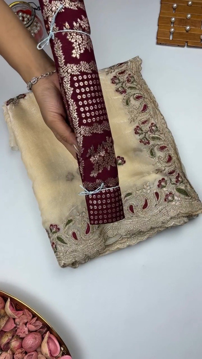 Opulent Ivory & Maroon Floral Embroidered Organza Saree – Available in Classic Ivory & Rich Maroon