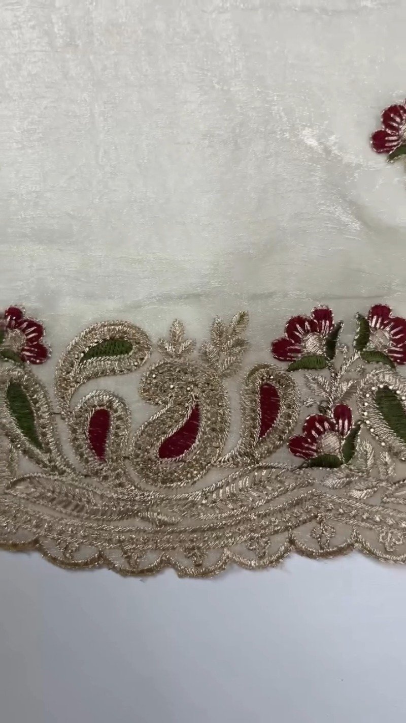 Opulent Ivory & Maroon Floral Embroidered Organza Saree – Available in Classic Ivory & Rich Maroon - Image 2