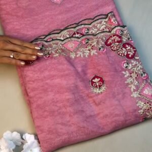 Enchanting Mauve Rose Embroidered Saree Set with Contrast Deep Emerald Blouse