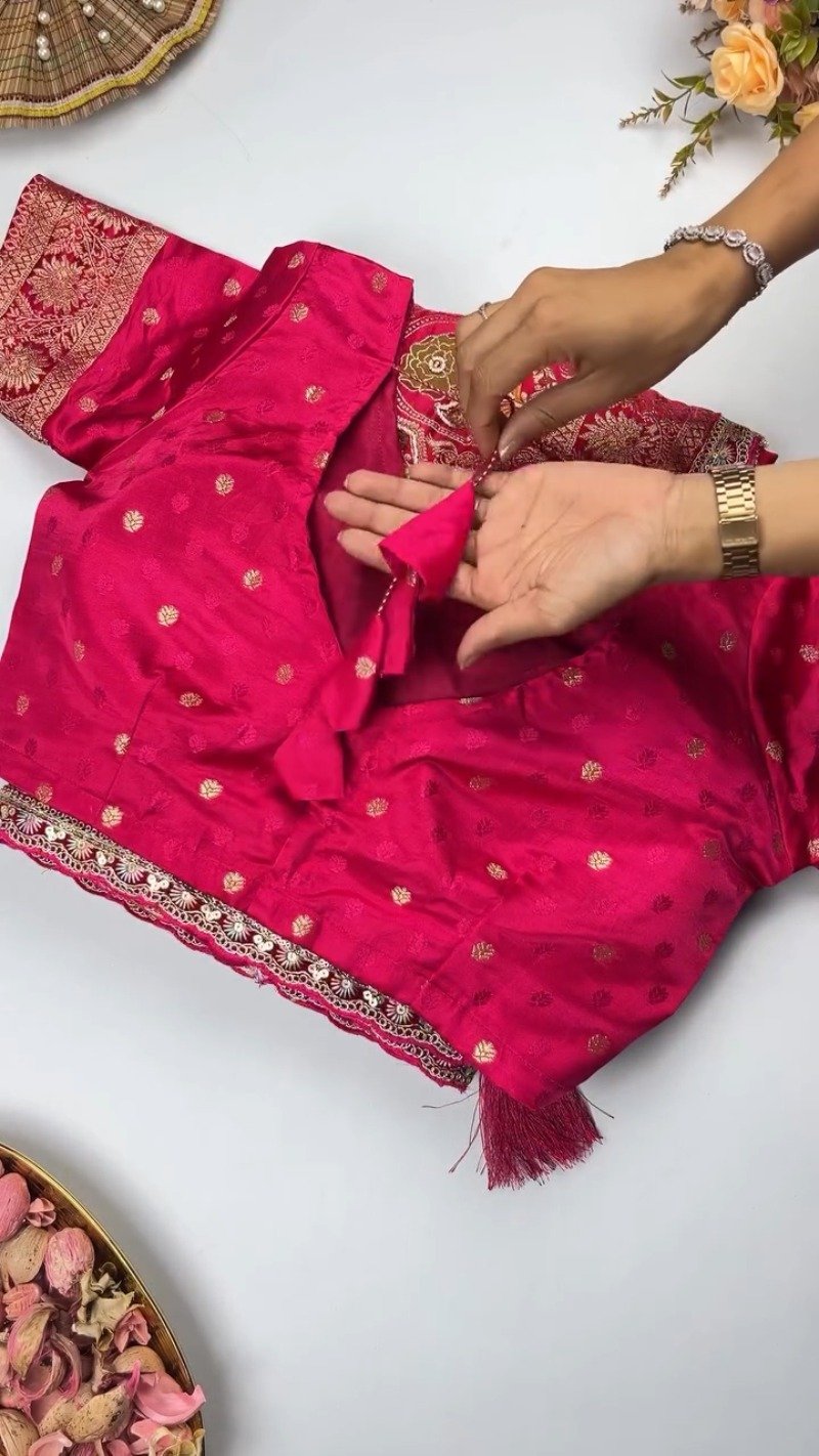 Regal Fuchsia Banarasi Silk Saree with Floral Jaal Embroidery - Image 3