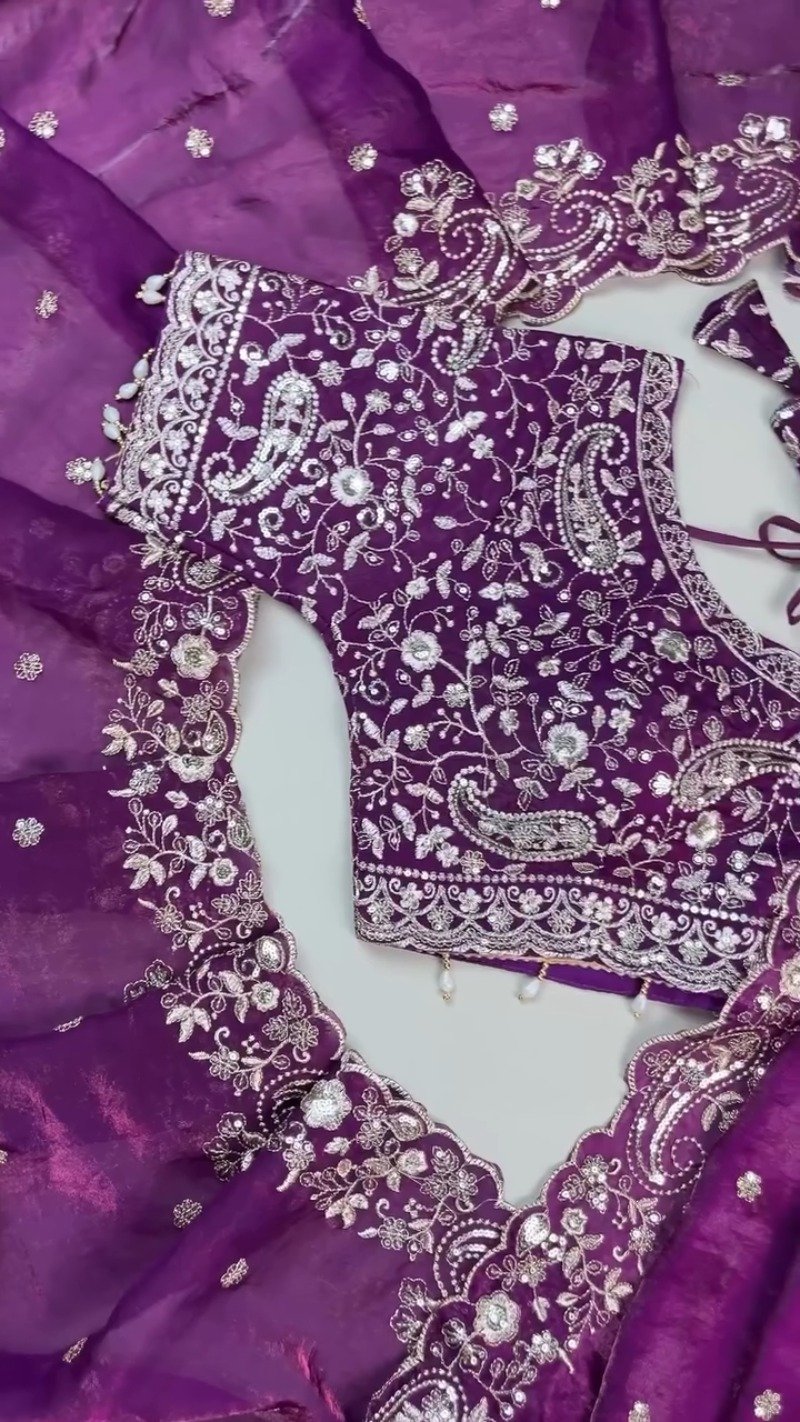 Royal Violet Embroidered Organza Saree and Blouse Set β Ethereal Elegance