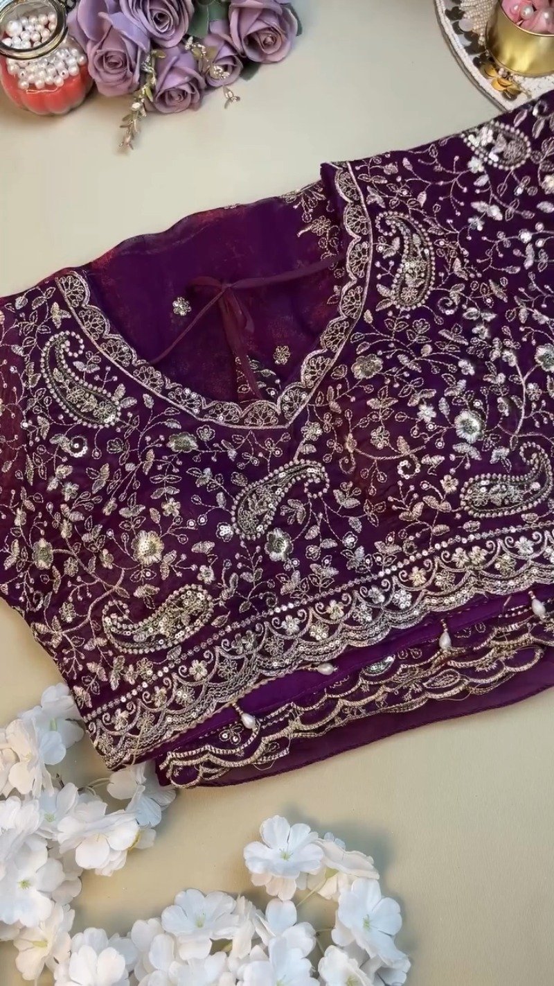 Royal Violet Embroidered Organza Saree and Blouse Set β Ethereal Elegance - Image 2