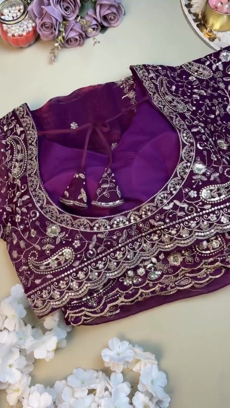 Royal Violet Embroidered Organza Saree and Blouse Set β Ethereal Elegance - Image 3