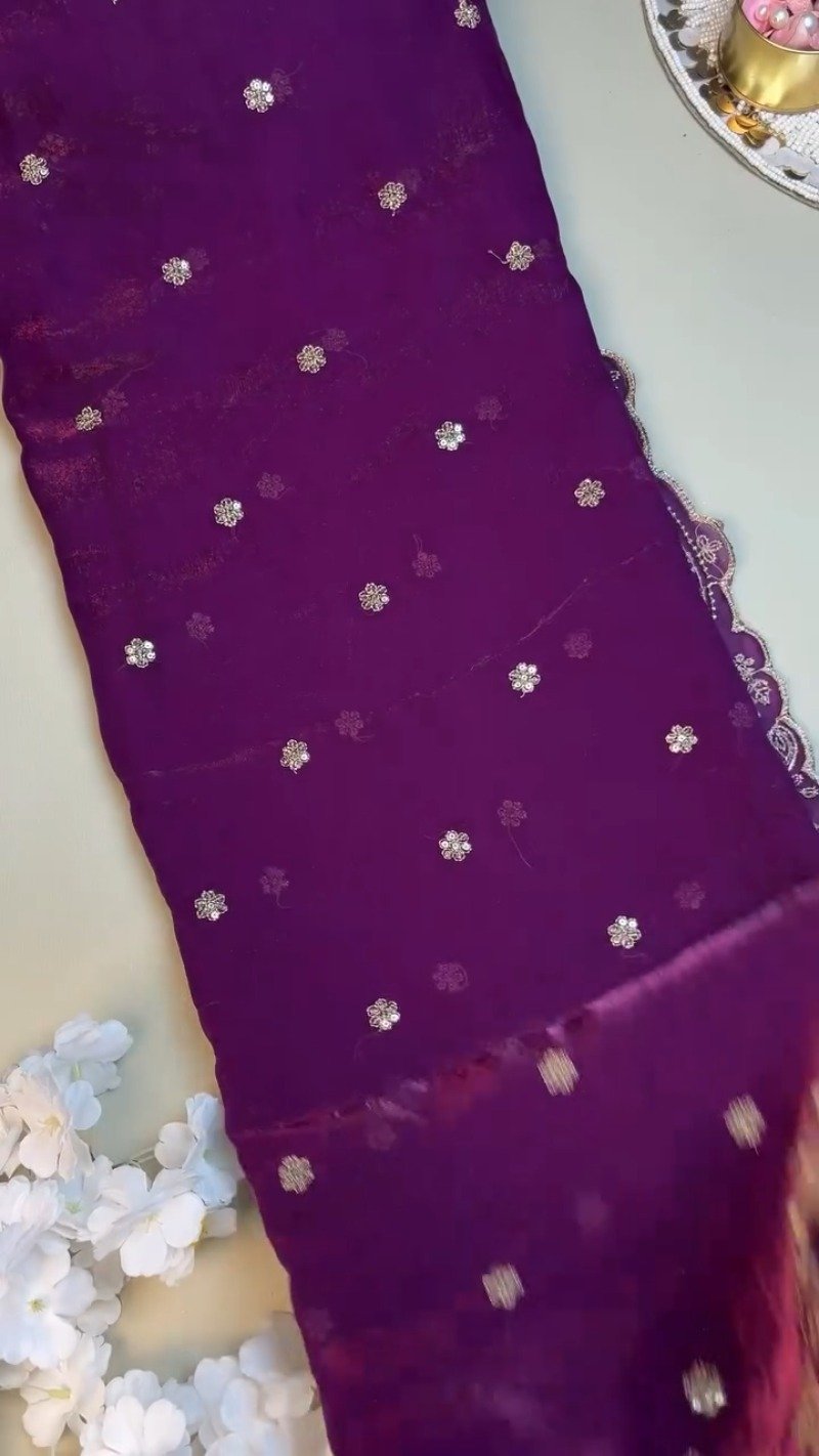 Royal Violet Embroidered Organza Saree and Blouse Set β Ethereal Elegance - Image 4