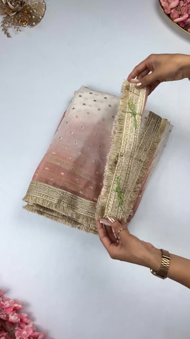 Ethereal Embroidered Ombré Organza Saree – Available in Peach, Lilac, and Mint Green