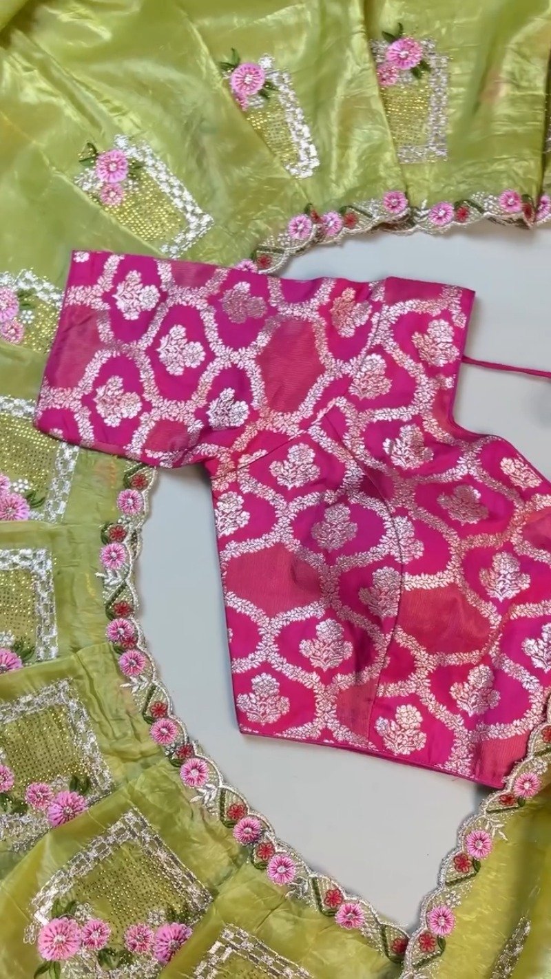 Lime Green Silk Floral Embroidered Saree with Fuschia Pink Brocade Blouse