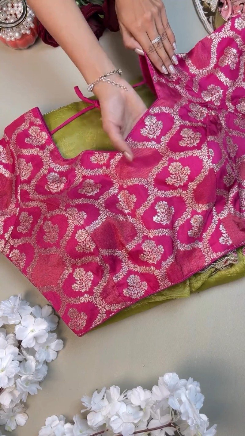 Lime Green Silk Floral Embroidered Saree with Fuschia Pink Brocade Blouse - Image 2
