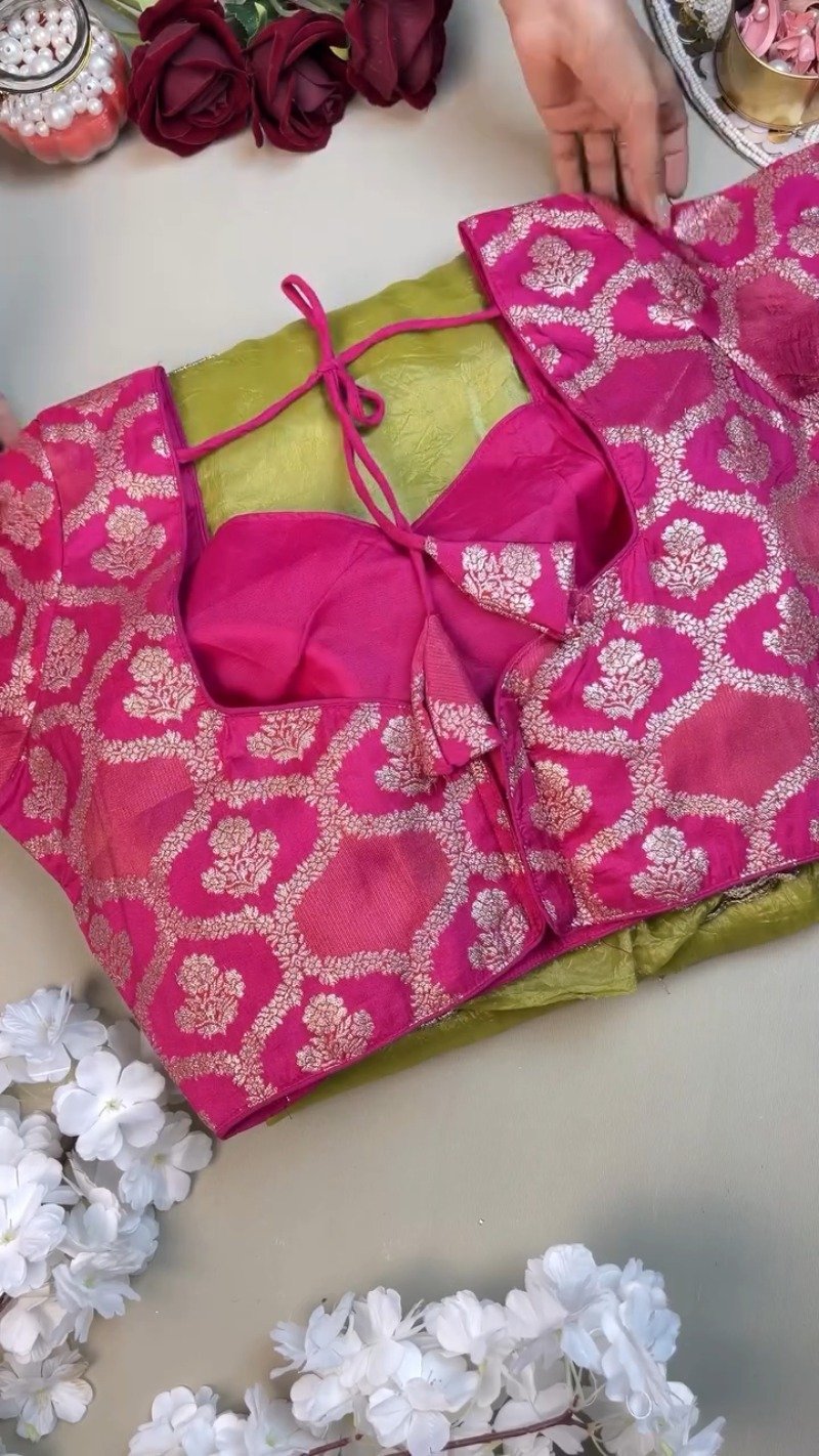 Lime Green Silk Floral Embroidered Saree with Fuschia Pink Brocade Blouse - Image 3