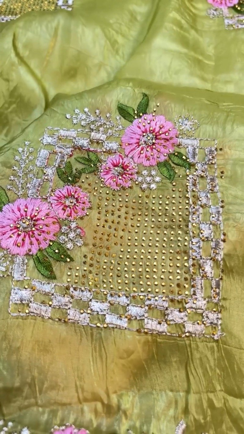 Lime Green Silk Floral Embroidered Saree with Fuschia Pink Brocade Blouse - Image 4