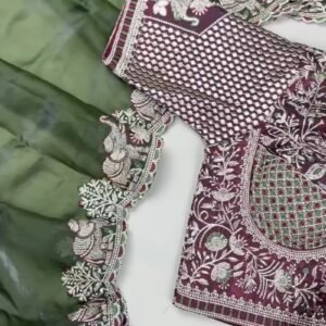 Olive Green Elephant Motif Embroidered Organza Saree & Blouse Set