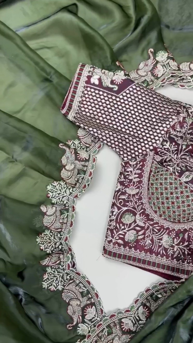 Olive Green Elephant Motif Embroidered Organza Saree & Blouse Set