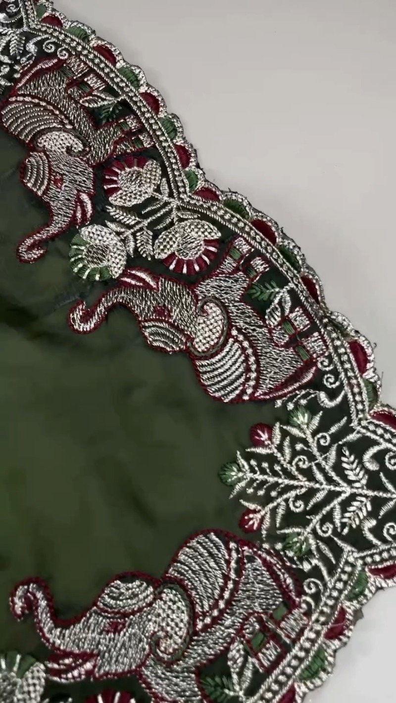 Olive Green Elephant Motif Embroidered Organza Saree & Blouse Set - Image 6