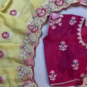 Sunshine Yellow Embellished Saree with Deep Magenta Contrast Blouse – Available in Yellow & Magenta Set