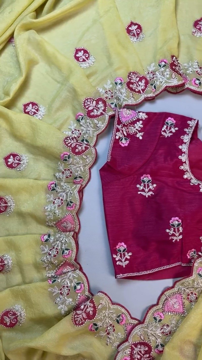 Sunshine Yellow Embellished Saree with Deep Magenta Contrast Blouse β Available in Yellow & Magenta Set