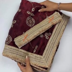 Opulent Floral Embroidered Saree with Antique Zari Borders – Available in Deep Maroon & Elegant Champagne – Available in Deep Maroon & Elegant Champagne