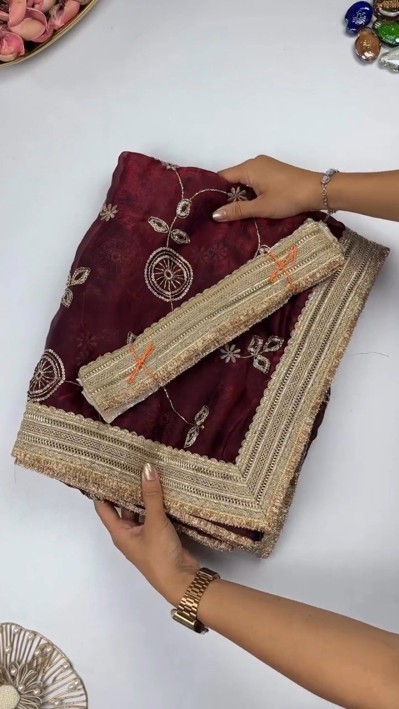 Opulent Floral Embroidered Saree with Antique Zari Borders β Available in Deep Maroon & Elegant Champagne β Available in Deep Maroon & Elegant Champagne