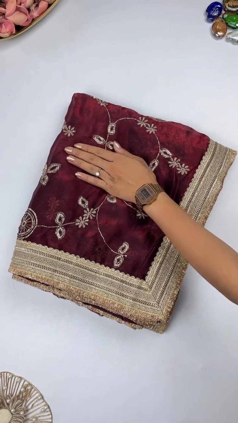 Opulent Floral Embroidered Saree with Antique Zari Borders β Available in Deep Maroon & Elegant Champagne β Available in Deep Maroon & Elegant Champagne - Image 3