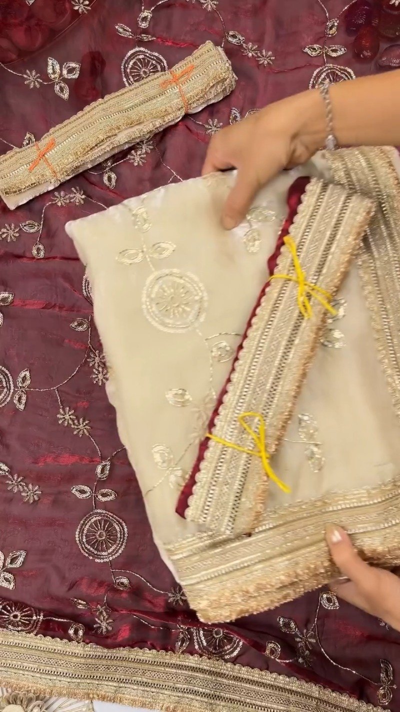 Opulent Floral Embroidered Saree with Antique Zari Borders β Available in Deep Maroon & Elegant Champagne β Available in Deep Maroon & Elegant Champagne - Image 4