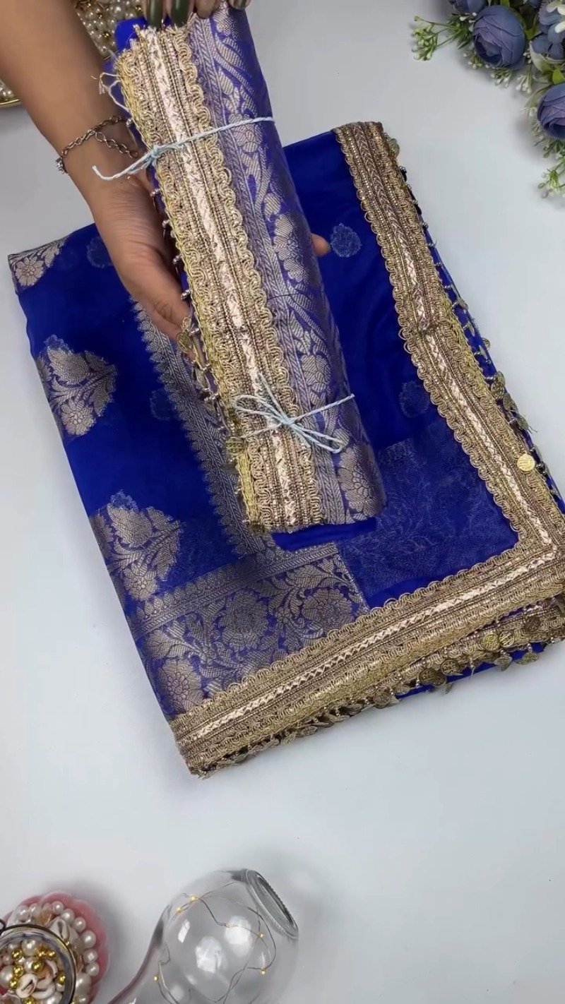 Royal Cobalt Blue Banarasi Silk Saree with Antique Gold Coin Embellishments