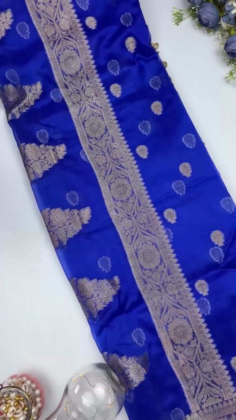 Royal Cobalt Blue Banarasi Silk Saree with Antique Gold Coin Embellishments - Image 2