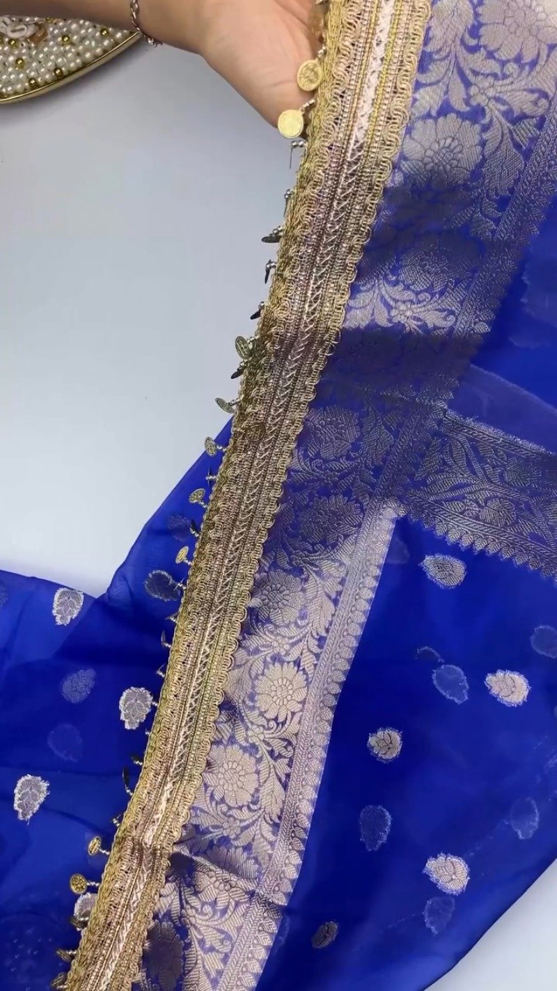 Royal Cobalt Blue Banarasi Silk Saree with Antique Gold Coin Embellishments - Image 3