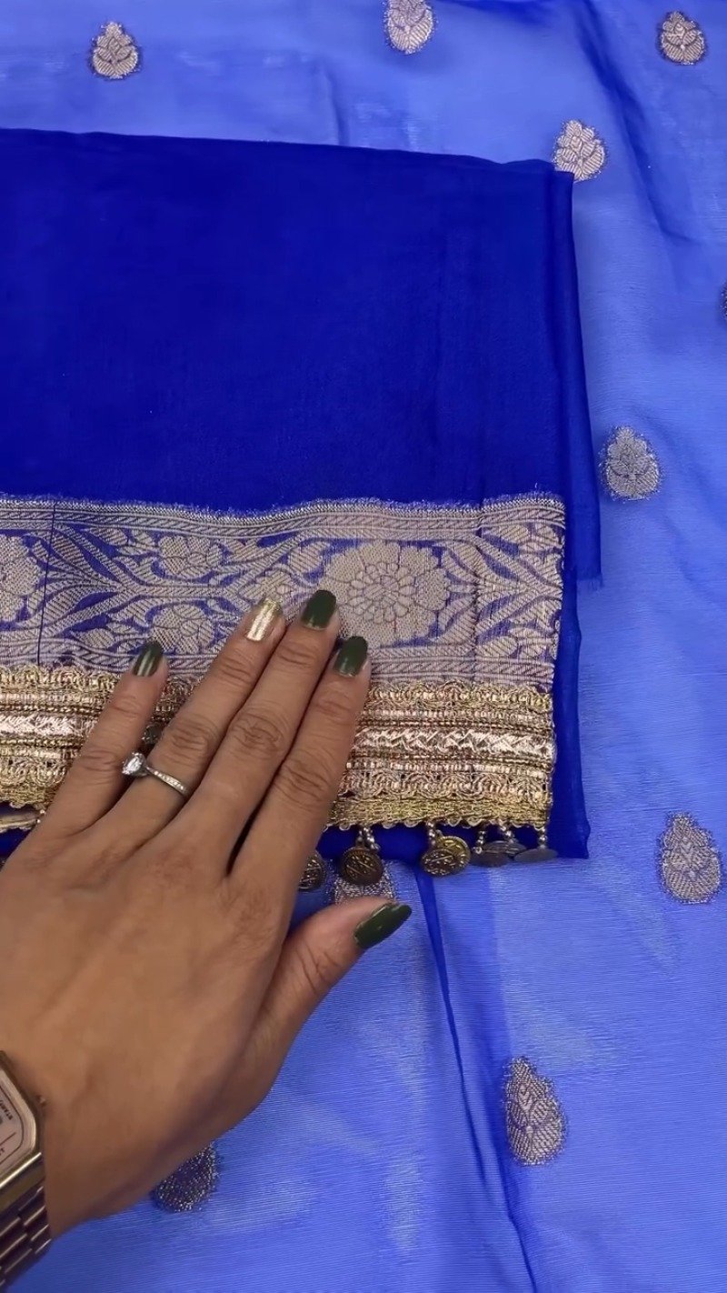 Royal Cobalt Blue Banarasi Silk Saree with Antique Gold Coin Embellishments - Image 8