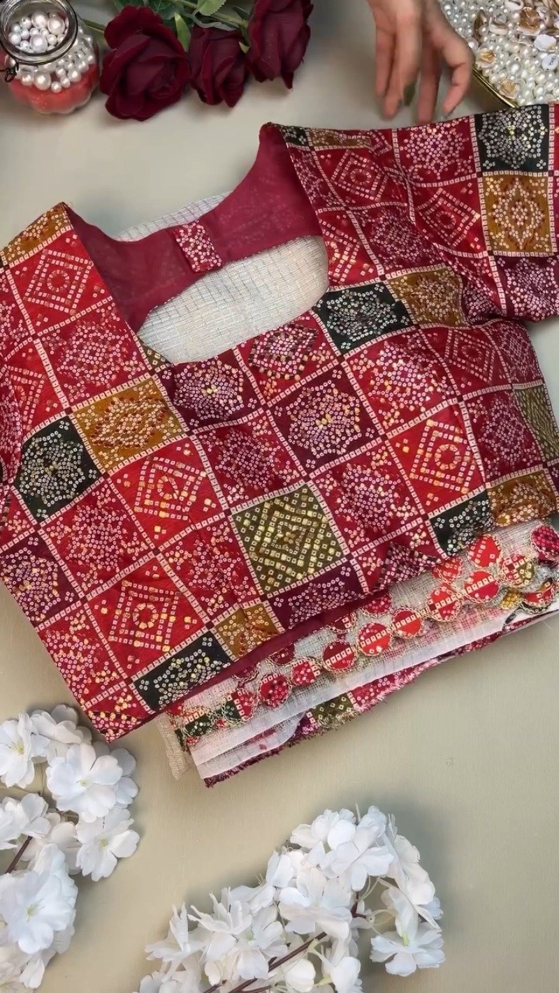 Timeless Bandhani Elegance: White Handloom Saree with Deep Maroon Blouse – Available in One Colour Variant - Image 3
