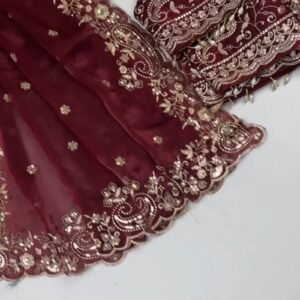 Opulent Scalloped Embellished Saree with Matching Embroidered Blouse – Available in Maroon, Deep Plum, Slate Grey & Teal