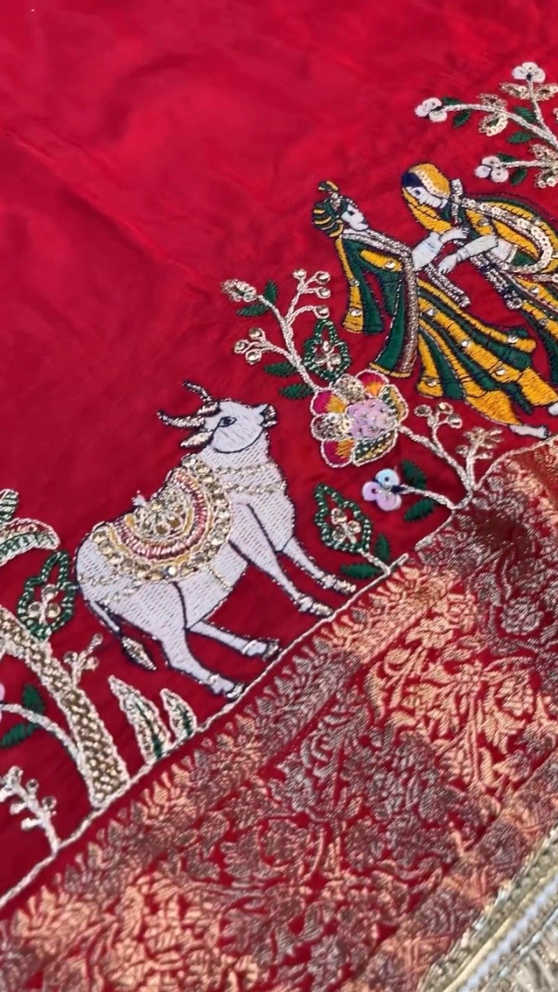 Krishna Motif Embellished Raw Silk Saree Ensemble β Available in Yellow & Red - Image 4