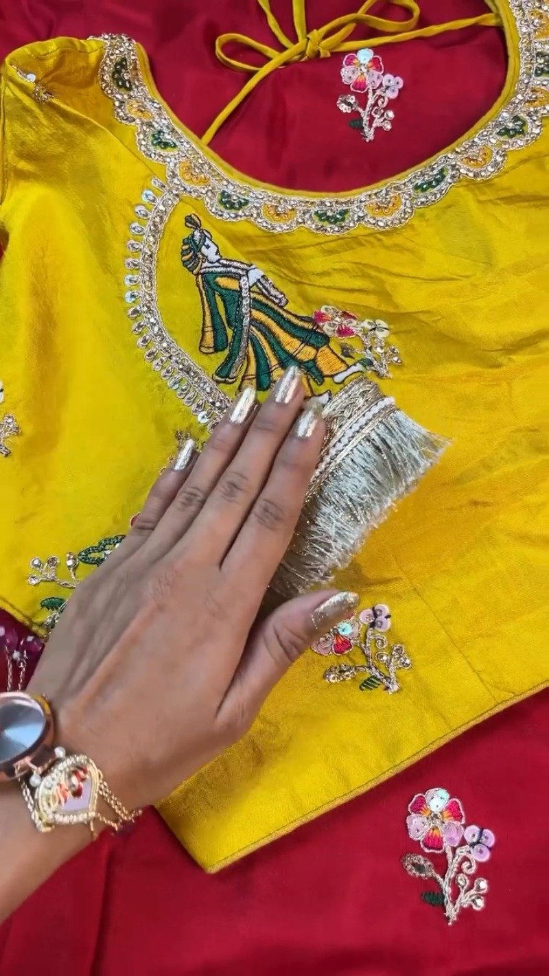 Krishna Motif Embellished Raw Silk Saree Ensemble β Available in Yellow & Red - Image 5