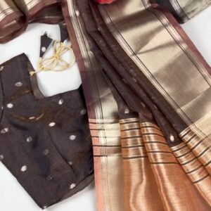 Chocolate Brown Lustrous Silk Saree with Polka Dot Blouse – Timeless Elegance in Every Drape