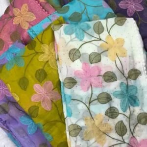 Floral Embroidered Organza Saree with Scalloped Border – Available in Lavender, Lime Green, Mustard, Teal, Pink & White