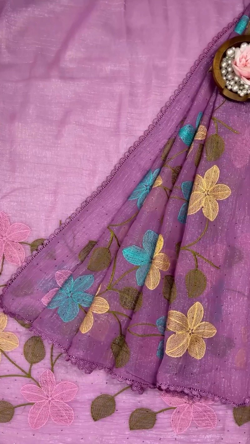 Floral Embroidered Organza Saree with Scalloped Border β Available in Lavender, Lime Green, Mustard, Teal, Pink & White - Image 3