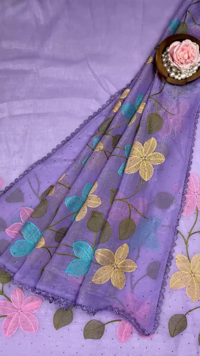 Floral Embroidered Organza Saree with Scalloped Border β Available in Lavender, Lime Green, Mustard, Teal, Pink & White - Image 4