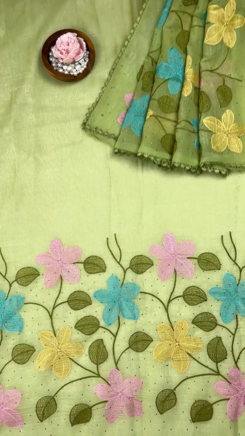 Floral Embroidered Organza Saree with Scalloped Border β Available in Lavender, Lime Green, Mustard, Teal, Pink & White - Image 5