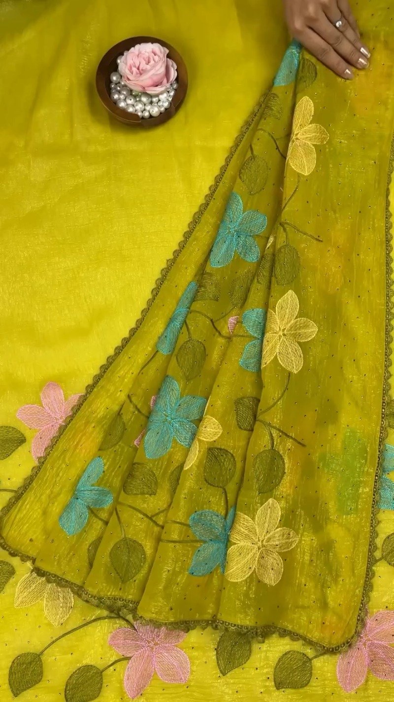Floral Embroidered Organza Saree with Scalloped Border β Available in Lavender, Lime Green, Mustard, Teal, Pink & White - Image 6