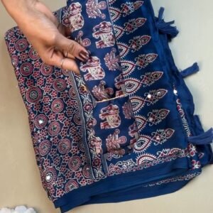 Royal Blue Elephant Motifs Ethnic Saree with Mirror Work Detailing