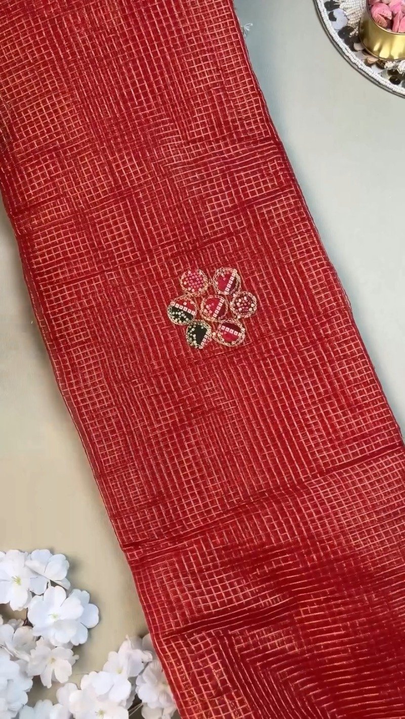 Scarlet Red Bandhani Appliqué Chanderi Saree with Embellished Border