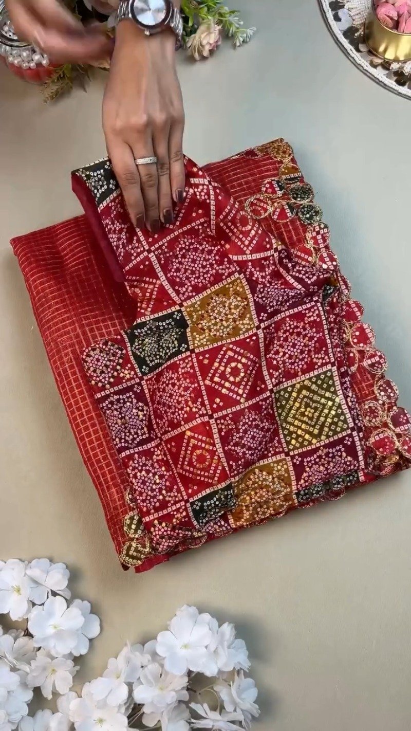 Scarlet Red Bandhani Appliqué Chanderi Saree with Embellished Border - Image 2