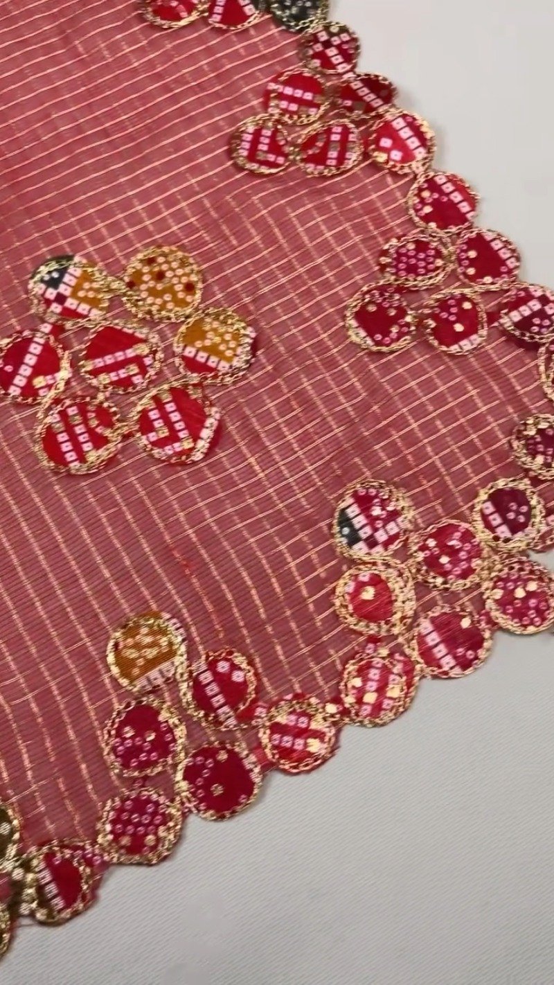 Scarlet Red Bandhani Appliqué Chanderi Saree with Embellished Border - Image 3