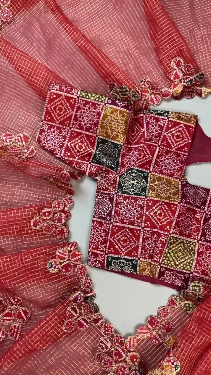 Scarlet Red Bandhani Appliqué Chanderi Saree with Embellished Border - Image 5