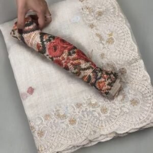 Ethereal Cream Floral Embroidered Linen Saree – A Masterpiece of Grace