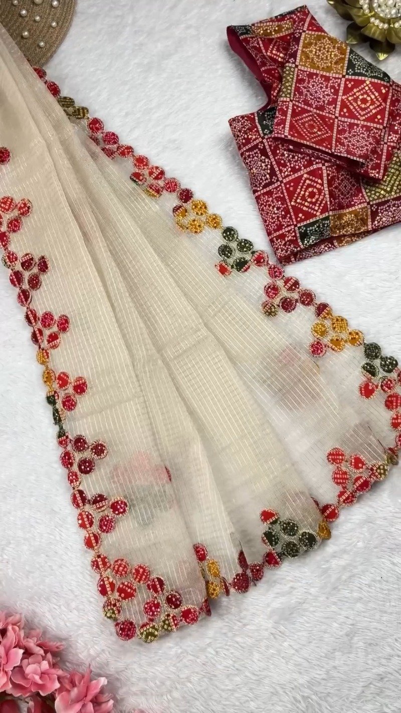 Bandhani Art Border Organza Saree Set β Available in Cream, Yellow & Red