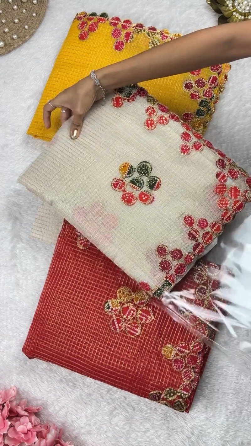 Bandhani Art Border Organza Saree Set β Available in Cream, Yellow & Red - Image 2