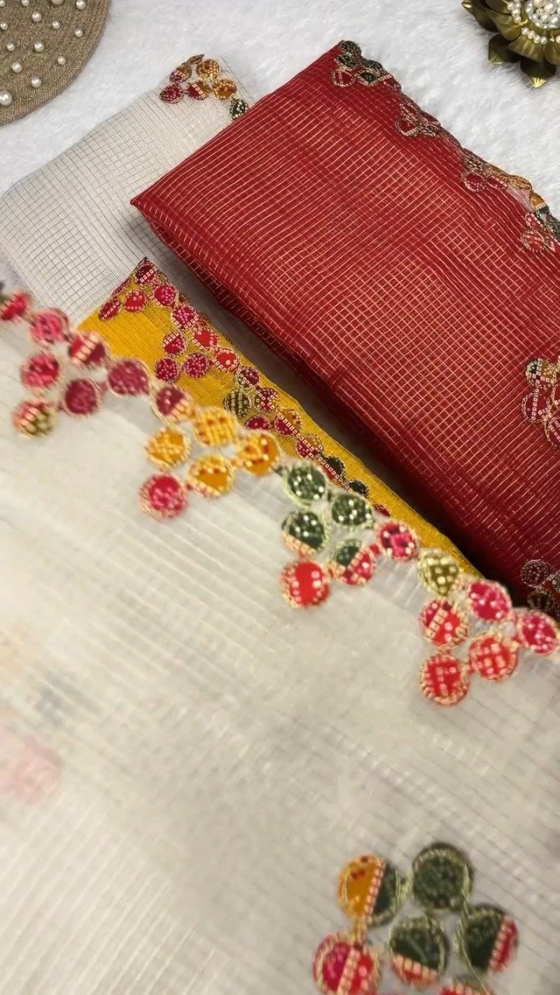 Bandhani Art Border Organza Saree Set β Available in Cream, Yellow & Red - Image 3
