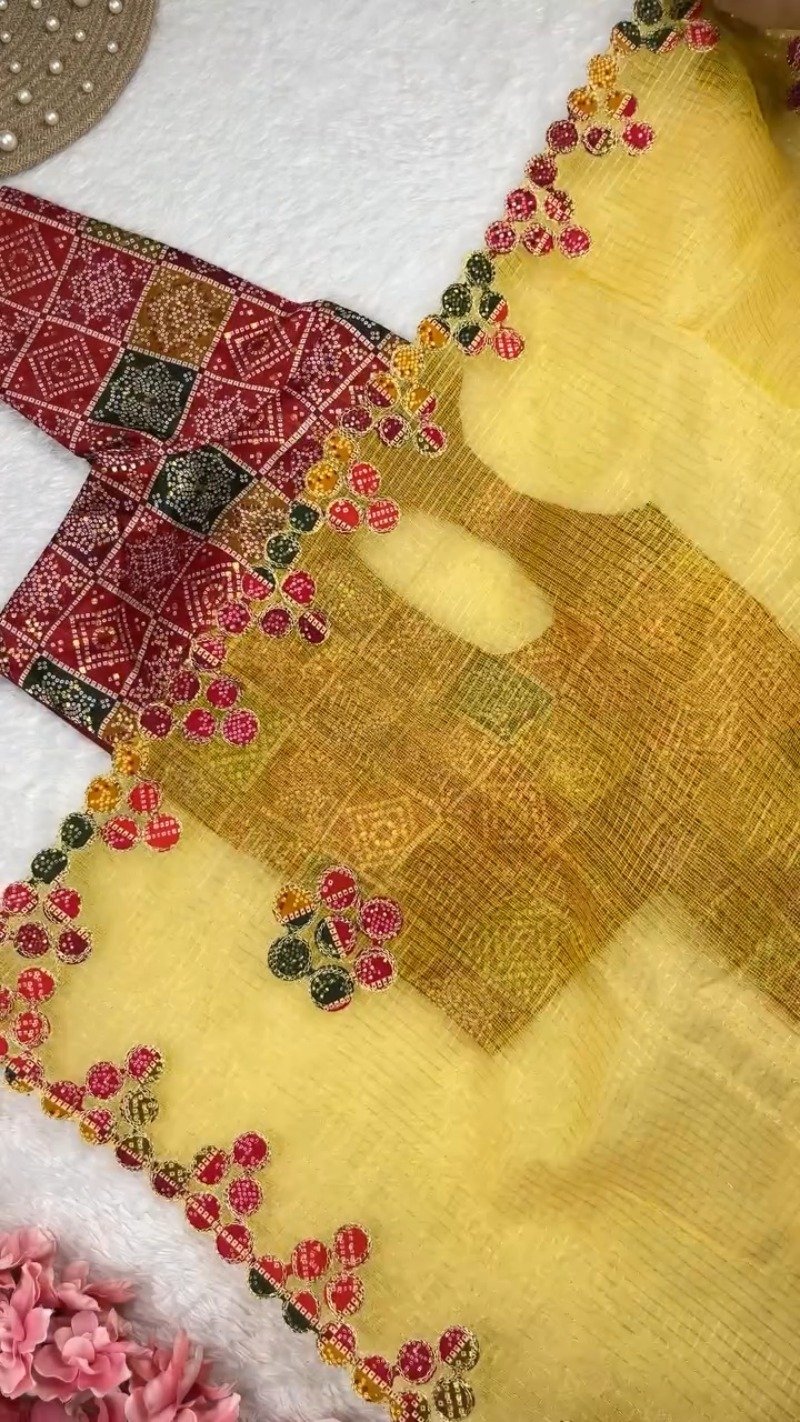 Bandhani Art Border Organza Saree Set β Available in Cream, Yellow & Red - Image 4