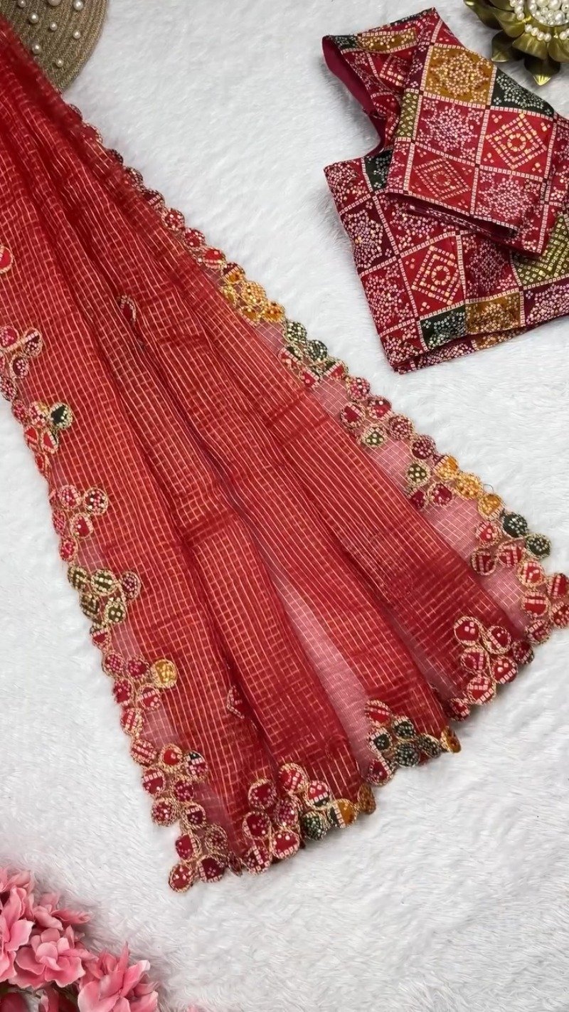 Bandhani Art Border Organza Saree Set β Available in Cream, Yellow & Red - Image 5