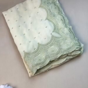 Sage Green Floral Embroidered Saree with Pearl Embellishments