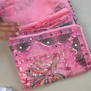 Enchanting Rose Pink Floral Sequin Mirror-Work Saree Set with Unstitched Blouse Piece
