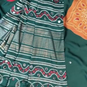 Enchanting Bottle Green Bandhani-Inspired Satin Saree with Mirror Work – Available in Deep Forest Green & Vibrant Tomato Red